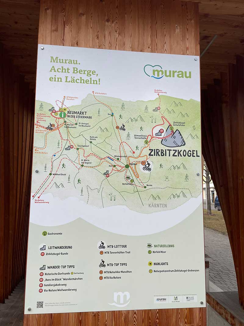 This helpful sign in Murau describes the nearby Seetal Alps, including Zirbitzkogel, the highest point (which is home to several rare butterfly species). The map shows various hiking and cycling routes through the wonderful alpine landscape.