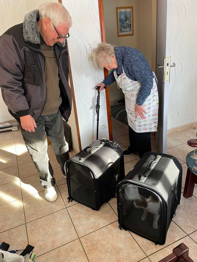 Dogs and cats travelling: Anne and Peter seeing their cats away before starting their own journey to the UK
