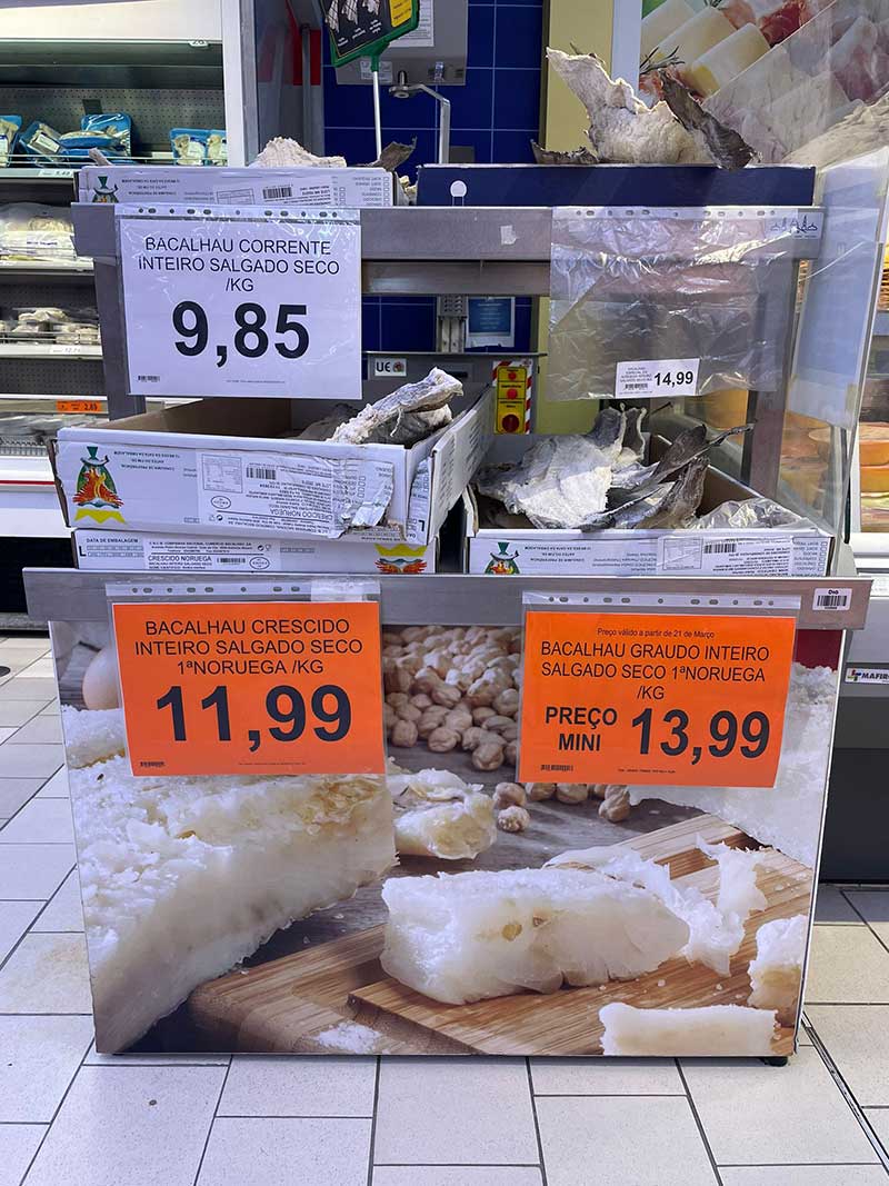 Salt cod for sale — a traditional Portuguese delicacy