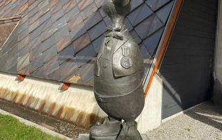 A welcoming duck sculpture at the door