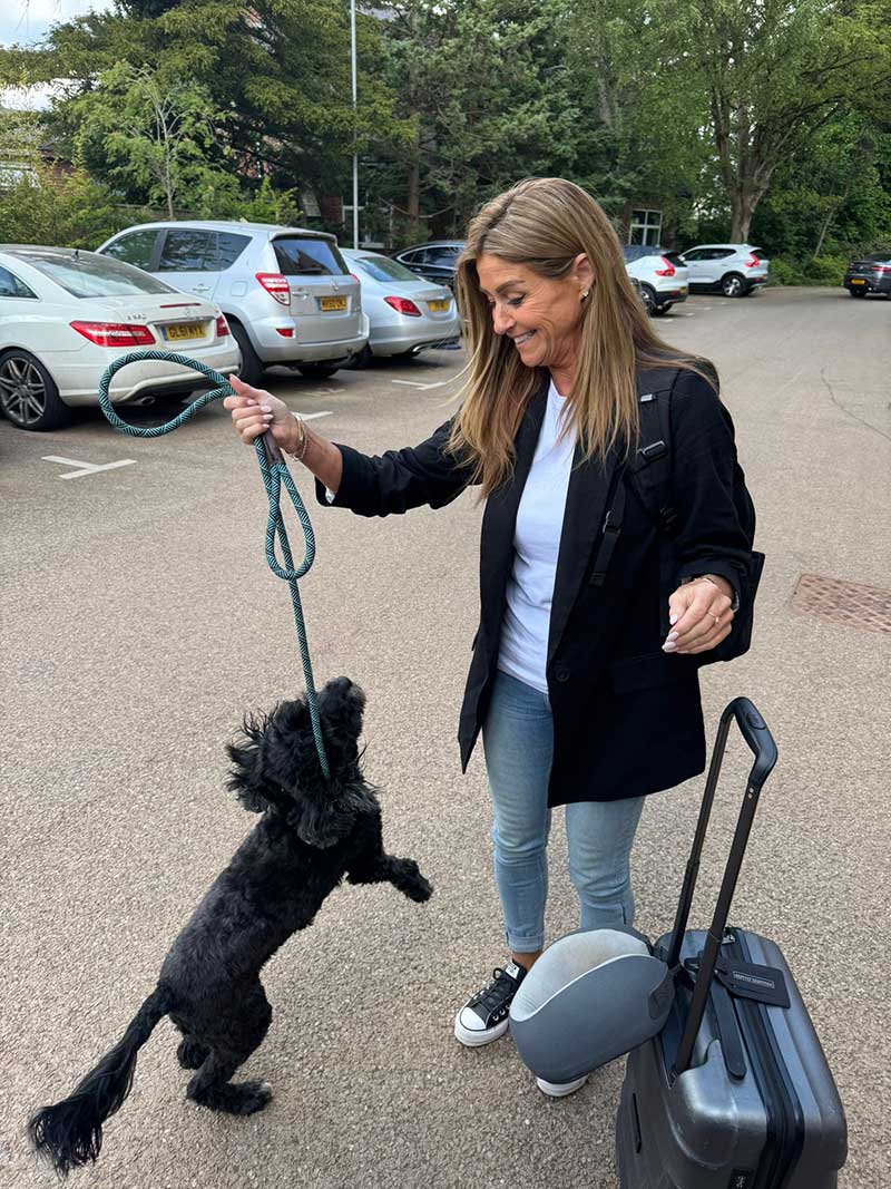 Lively Bobbi, a Tibetan Terrier/Poodle cross, overjoyed to be reunited with Jane in Cheshire