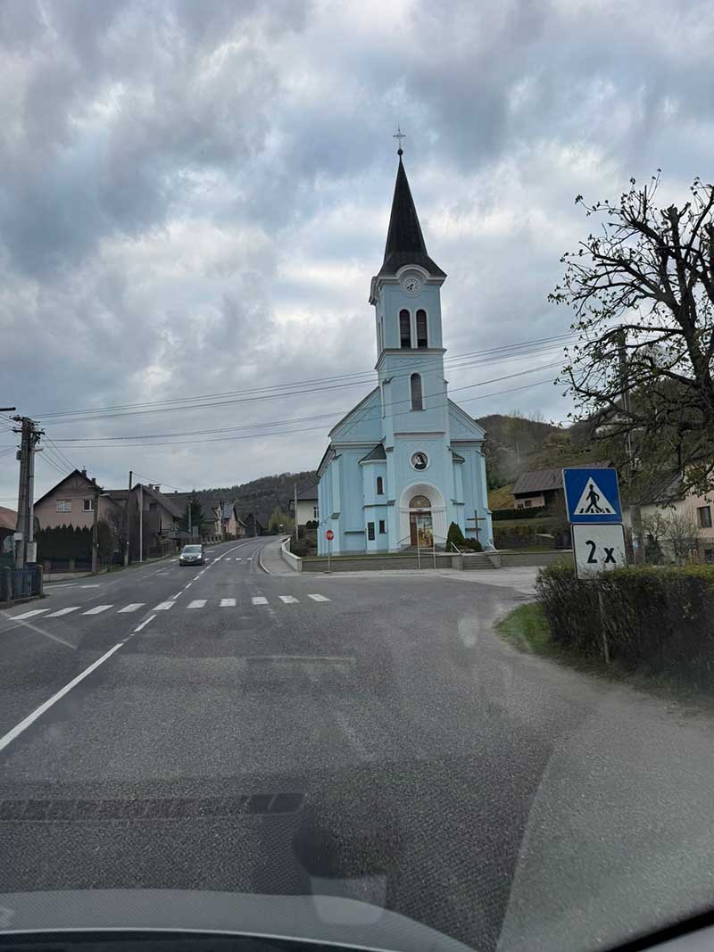 A charming blue church spotted along the way